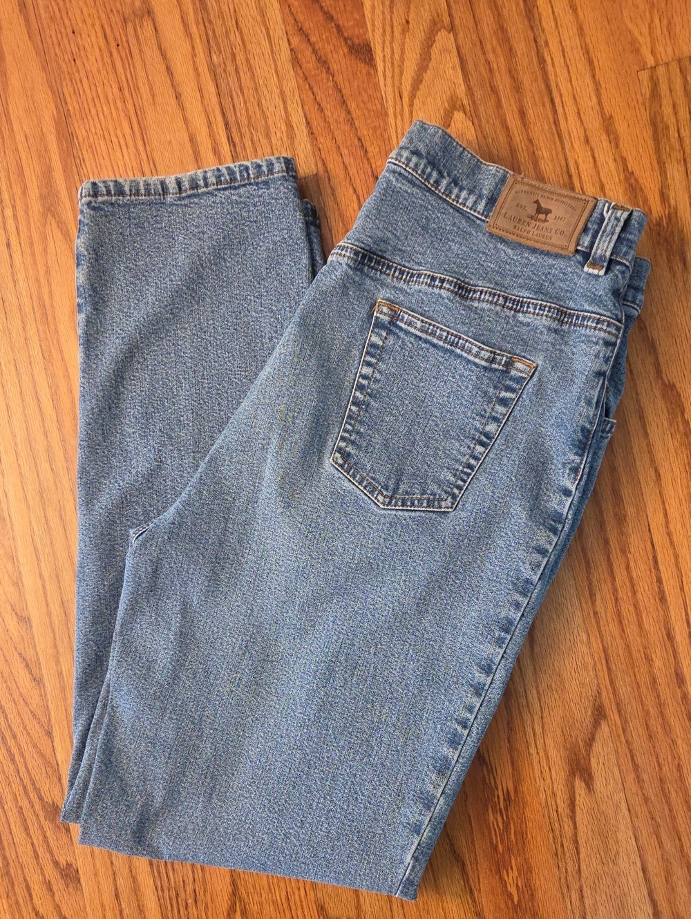 Vtg Ralph Lauren Jeans Light Blue Denim with Brown Leather Logo Patch Size: 12P